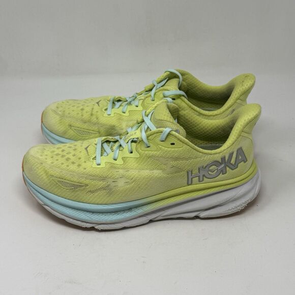 Hoka One One Clifton 9 Womens 9.5 M Yellow Blue Running Walking Shoes Sneakers - Picture 4 of 16